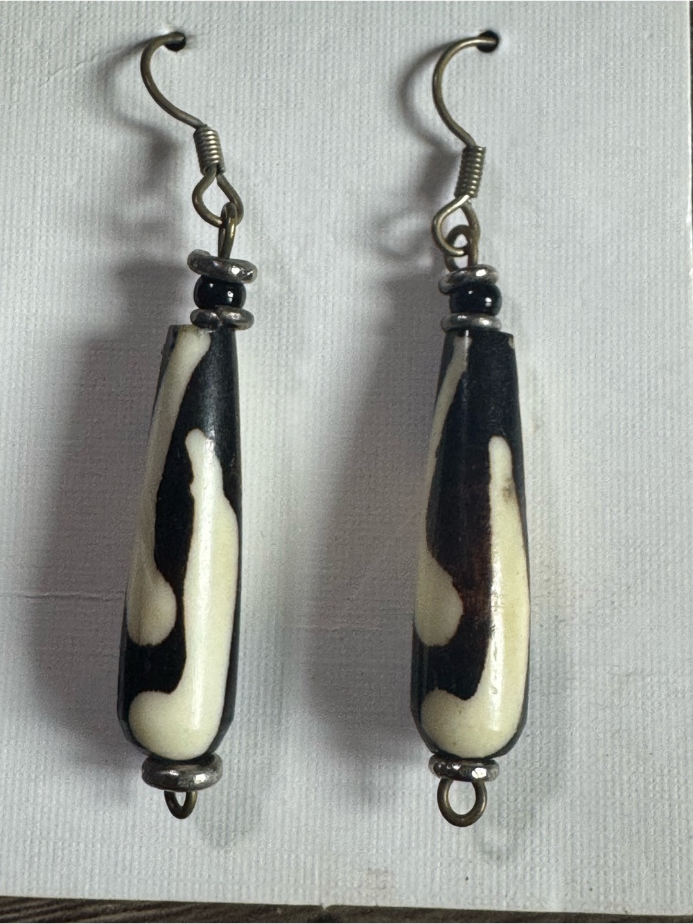 Artisian Black and Cream Dangle Earrings - Dzi Beads Style